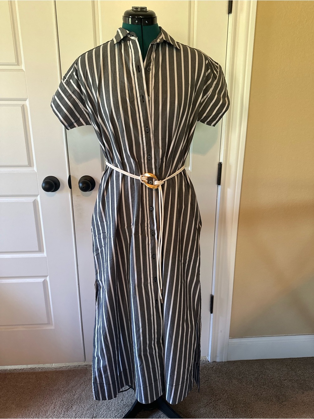 LOFT NWOT
Striped Button-Front Shirt Dress in Charcoal and White